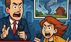 Cartoon Breaking News Scene Description AI image