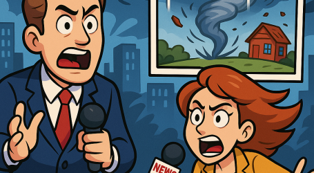 Cartoon Breaking News Scene Description