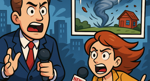 Cartoon Breaking News Scene Description AI image