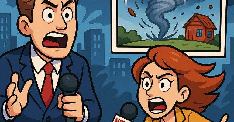 Cartoon Breaking News Scene Description AI image